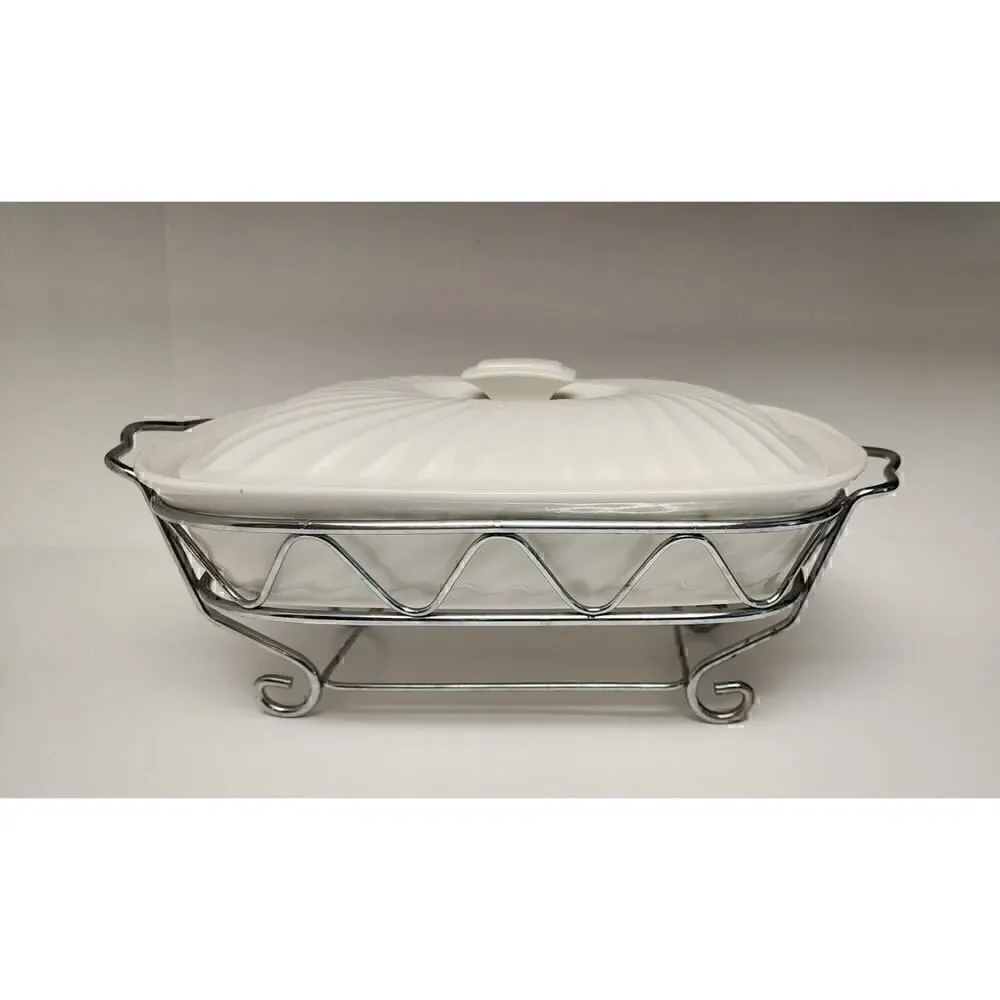 Godinger Rare Vintage 2 Quart Rectangular Covered Porcelain Baker W/Serving Rack